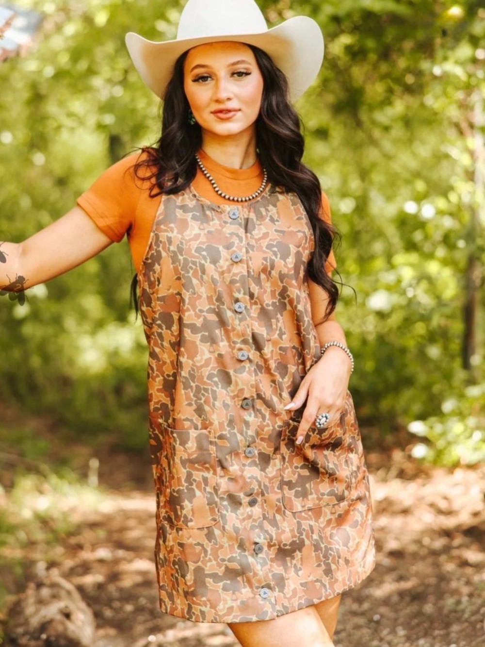 2FLYco Camo Button-Front Pinafore Dress with Rust & Brown Print